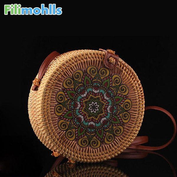 

2020 new fashion round straw bag handbags women summer rattan bag handmade woven flower beach handbag for women s1839