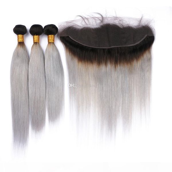 

ombre color 1b grey human hair weft with lace frontal 100 virgin human ombre grey hair 3bundles with ear to ear frontal, Black
