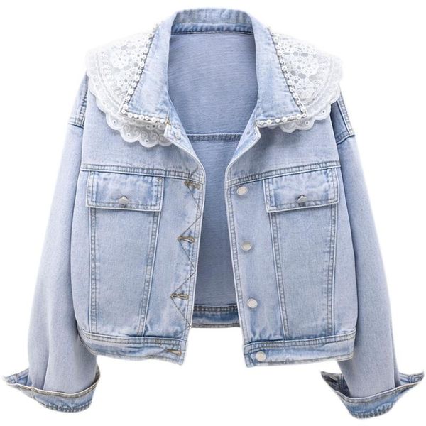 

spring autumn loose denim jacket women short lace ruffle beading splicing long sleeve jeans coat female harajuku clothes h1127, Black;brown