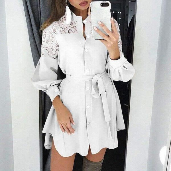 

office lady dress white lace patchwork dress long sleeves 2020 new fashion women buttons dresses chiffon shirt plus size, Black;gray