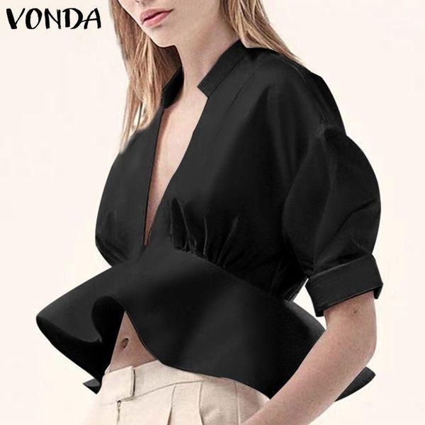 

office lady tunic women'blouse vonda half sleeve deep v neck party ruffled blouse beach blusa femininas plus size1, White