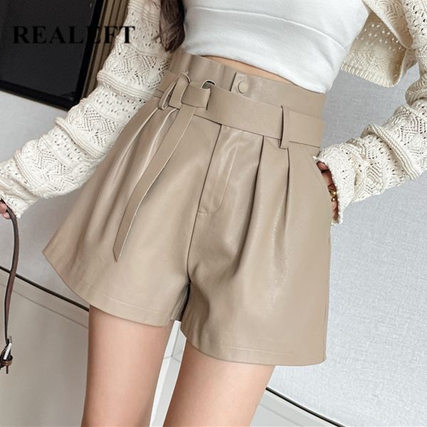 

realeft autumn winter women's faux pu leather shorts with belted high waist ladies elegant short trousers pocket female, White;black