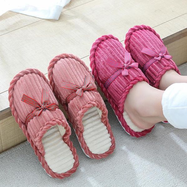 

bowknot cotton home slippers autumn and winter indoor slippers shoes thick bottom non-slip warm winter shoes women, Black