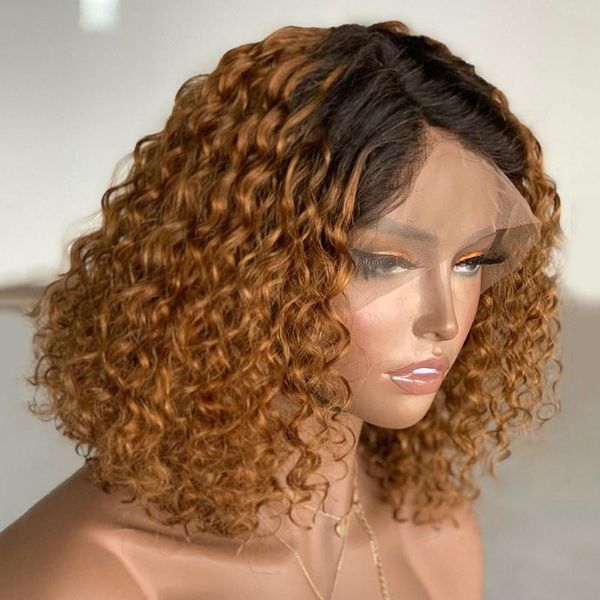 

13x4 curly ombre t1b/27 color lace front human hair wigs for black women brazilian remy hair wig pre plucked bleached knots, Black;brown