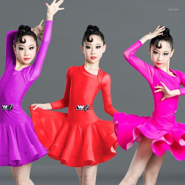 

2020 long sleeves dance skirts latin dance dress for girls competition ballroom kids tango salsa practice dancewear sl24741, Black;red