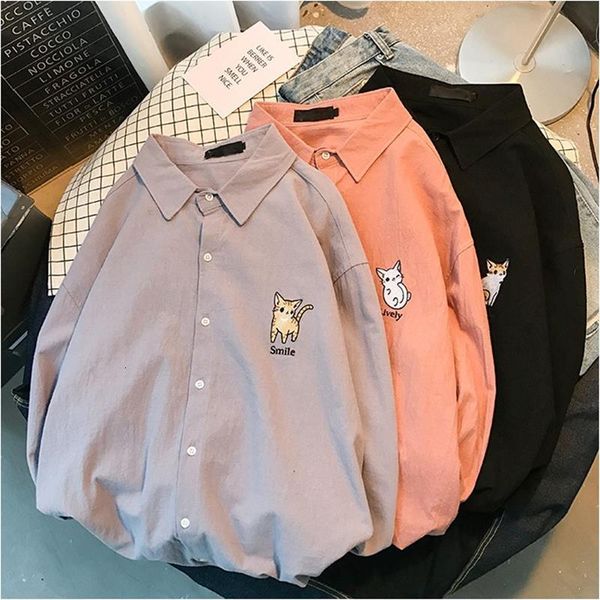 

cute cat cartoon embroidery shirts women casual long sleeve shirt female kawii blouse loose cotton woman clothes plus size, White