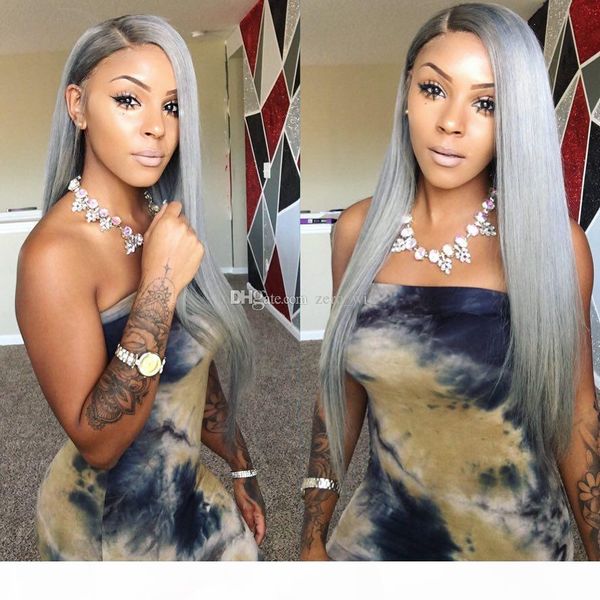 

brazilian grey full lace human hair wigs straight silver gray glueless front lace wigs 130% density with bleached knots gray wig, Black;brown