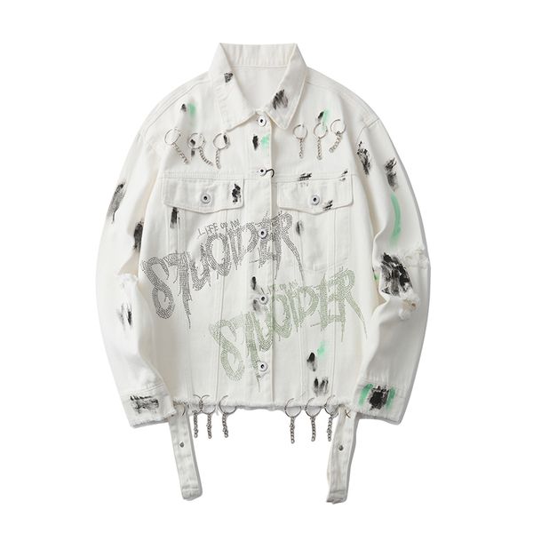 

graffiti chain frayed letter print jeans jacket men and women oversize streetwear windbreaker bomber jacket hip hop denim coat c1108, Black;brown