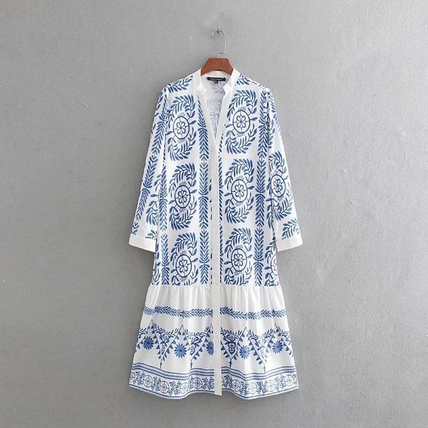 

slfq3 spring new dressshirt blue and white p shirt printed single-breasted spring new style blue and porcelain porcelain style dress, Black;gray