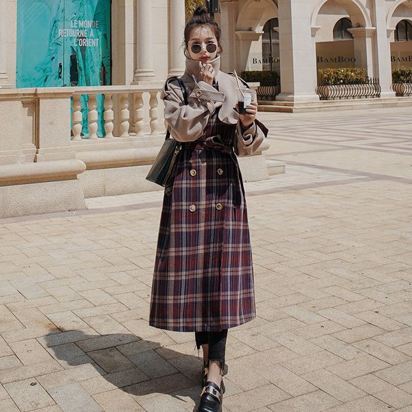 

2021 new women's wool coat new winter long korean lapel oats double plaid seam breasted with thick female4h jacket belt jzap, Black