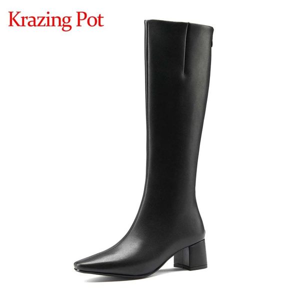 

boots krazing pot european style vintage fashion winter shoes keep warm square toe high heel young lady leisure knee-high l90, Black
