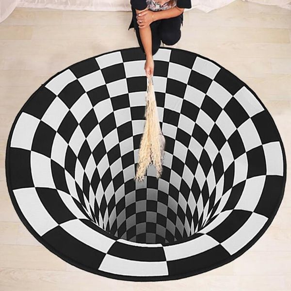 

white black plaid printed round rug living room rug cover home carpet floor door mat anti-slip covers 3d vortex visual