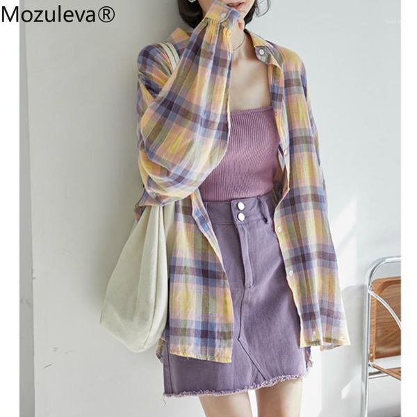 

mozuleva 2020 autumn japanese/ korean chic knitted pockets turn-down collar plaid womens and blouses women shirts1, White