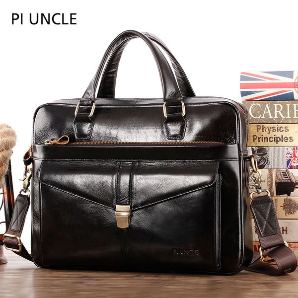 

piuncle brand genuine leather vintage men's briefcase with lock messenger shoulder bag 14 inch laplarge capacity big handbag