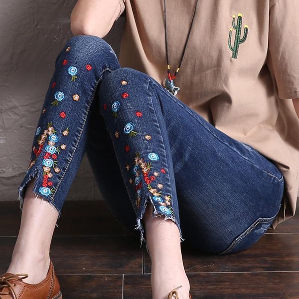 

эластичные основные женщины долго джинсы женщина 2018push вверх узкие джинсы с вышивкой тонкий стрейч мило хорошо джинсовые брюки femme бойф, Blue