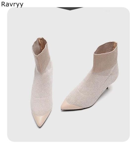 

женская лодыжка сапоги эластичные вязание шерстяные женские короткие ботинки лоскутное дизайн тонкий каблук заостренный носок осень зима мод, Black