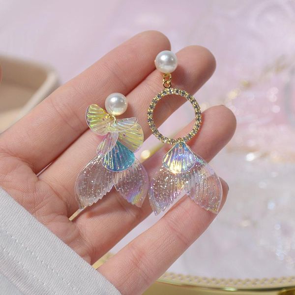 

stud shiny side fashion brand jewelry crystal geometric pearl earrings for women gift acrylic fish tail, Golden;silver