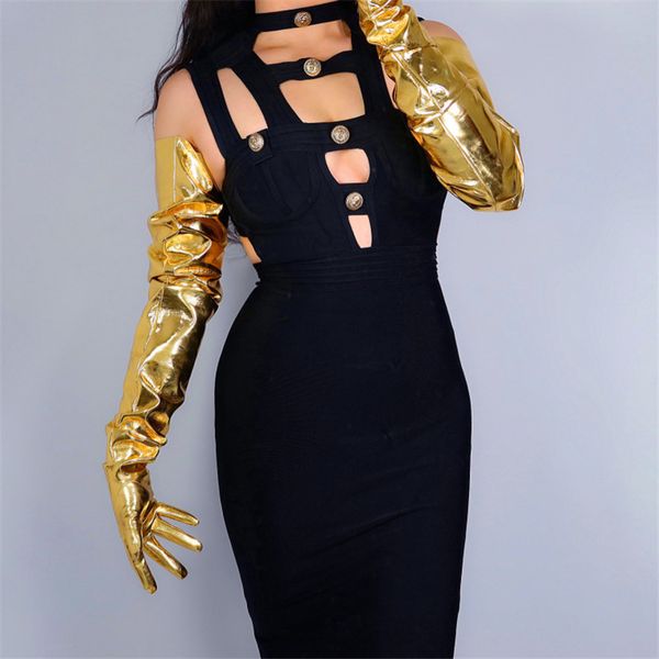 

latex faux patent 35" 90cm xl big puff sleeves gold women long leather gloves 2020 new wpu209, Blue;gray