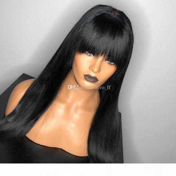 

silky straight jet black human hair full lace wig with bangs pre plucked with baby hair 130% density lace front wig bleached knots, Black;brown