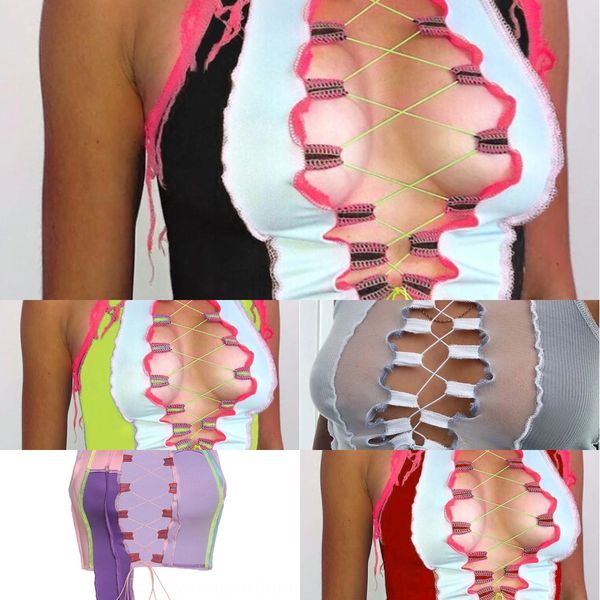 

dains2020 summer contrast bandage hollow short slim tank 1273b dains2020 vest vest summer contrast bandage hollow short slim t, White