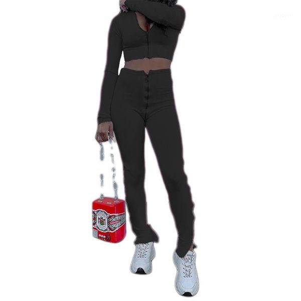 

2021 autumn spring women two pieces outfits casual zipper stitch streetwear crop long split stacked pants sportwear1, Gray
