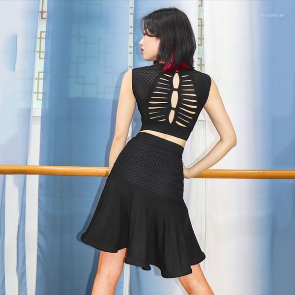 

stage wear black latin dance dress suit women sleeveless clothes mesh and skirt1, Black;red