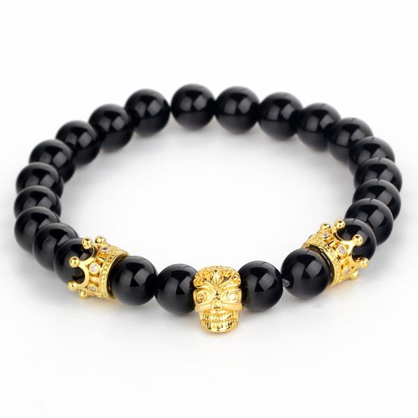 

fashion double crown bracelet women male bracelets inlay zircon stones pattern skull hand chain charm beads jewelry gift, Black