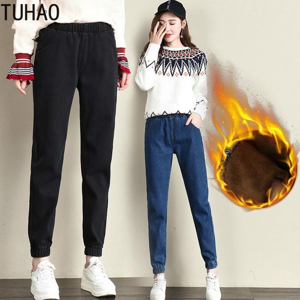 

tuhao winter warm jeans pants women thicken velvet denim trousers femme pantalon jeans stretch plus size 4xl 3xl trousers1, Blue