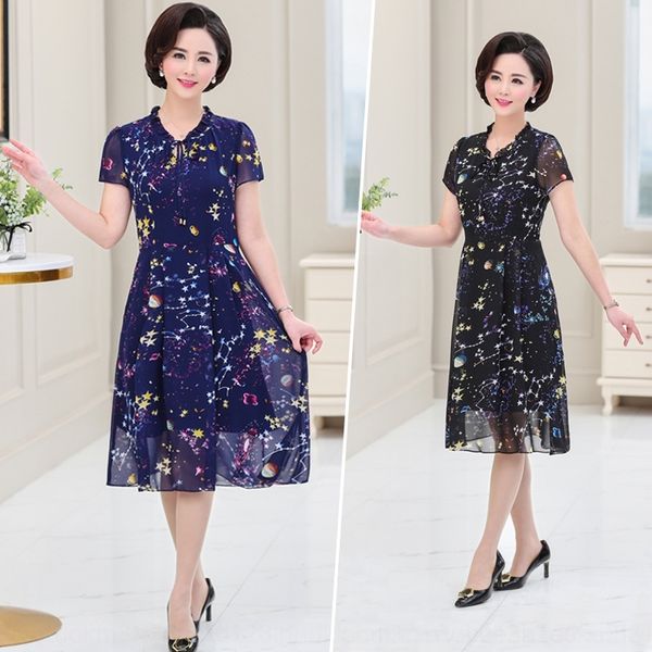 

xbt5b mom summer chiffon mid-length 2019 elderly middle-aged women's temperament summer short new middle-aged and dress dress sleeve sc, Black;gray