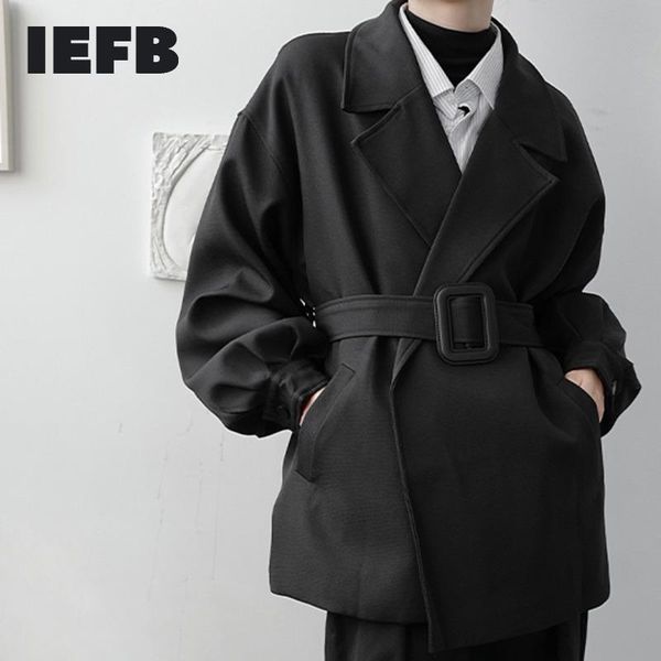 

iefb /men's wear buckle short style windbreaker coat 2021 new autumn notched collar long sleeve big size trench with belt 2021, Tan;black