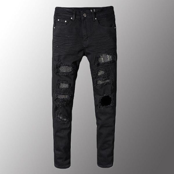 

classic mens jeans men's slim skinny crystal rhinestone patchwork ripped jeans fashion patch black stretch denim pants, Blue