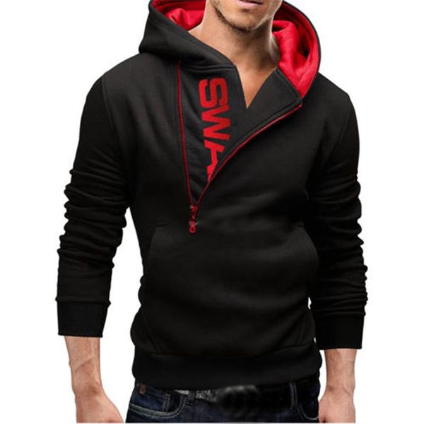 

autumn winter men fitness sweatshirts hoodies zipper letter print sportswear men's pullover tracksuit hooded hip hop sweatshirt, Black