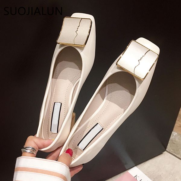 

suojialun luxury women spring flat shoes square toe medium heels fashion metal boat low heels shoes women dress shoes 1006, Black;white