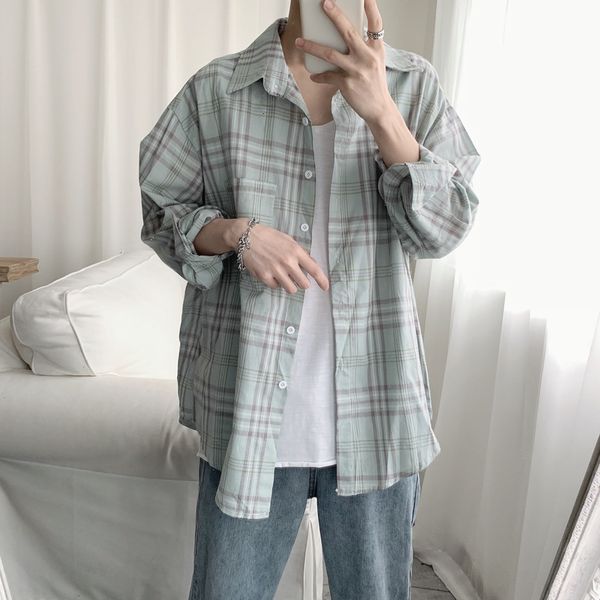 

2021 New Little Fresh Shirt From Men in Long-glove Blue College Shades Matching Plaid Shirt. 87CI, Black