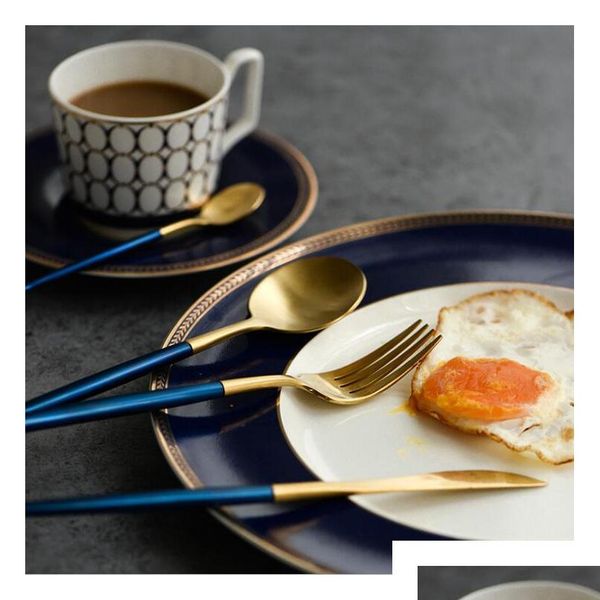 

100% brand 4pcs /lot golden blue cutlery set gold 18/10stainless steel dinnerwar set fork knife scoops sliverwar jllpez lajiaoyard