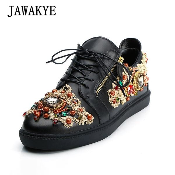 

luxurious jeweled men casual shoes handmade string bead real leather flat shoes cozy black lace up banquet wedding for men