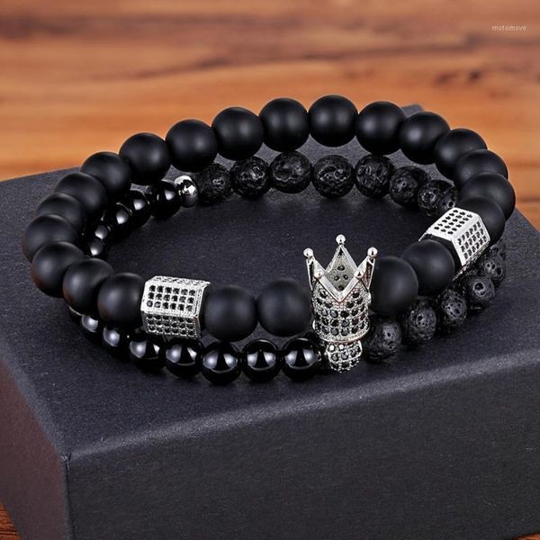 

beaded, strands tyo wholesale 2pcs/set cubic zirconia crown charm 8mm black matte beads matching bracelets for his and her couples jewelry1