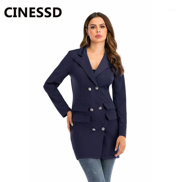 

cinessd women double breasted trench coats navy blue lapel long sleeves button solid black plus office lady trenchs jackets1, Tan;black