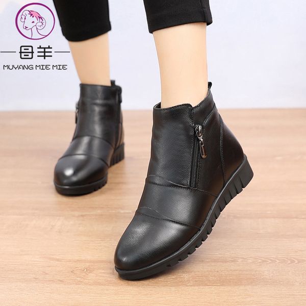 

muyang 2019 fashion ankle boots women genuine leather flats boots winter shoes woman warm non-slip black brown women boots t200425