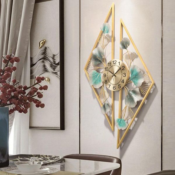 

light luxury ginkgo leaf clock wall decoration in the living room wall clock fashion creative iron art silent watch