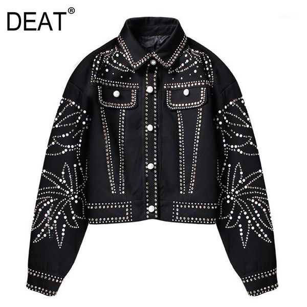 

deat]2019 spring woman handsome black turn-down collar spliced rivet diamonds sequins long sleeve loose coat jacket ld551, Black;brown