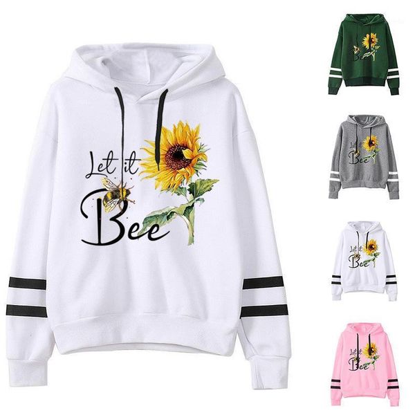

women hoodie let it bee sunflower printed hoodies women double striped long sleeve fleece sweatshirt with hat girls pullovers1, Black