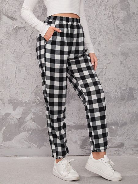 

elastic waist slant pocket gingham crop pants w5xw#, Black;white