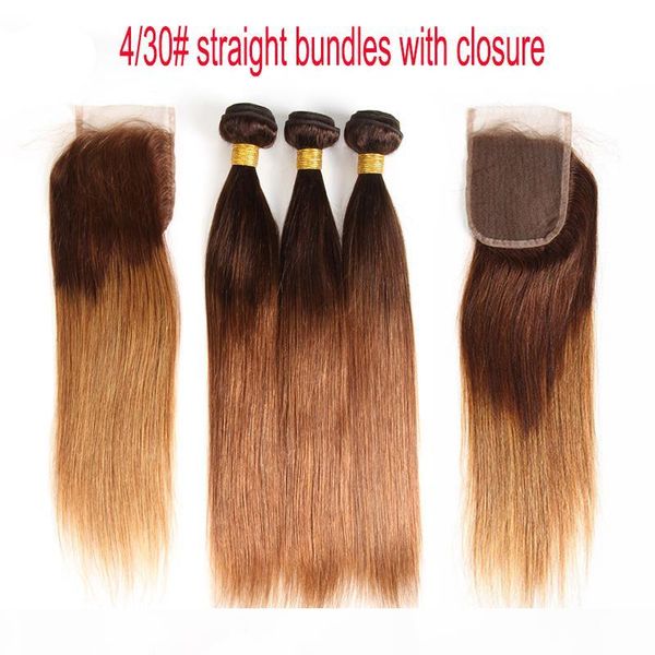 

ombre brazilian straight virgin hair bundles with lace closure 4 30# two tone dark brown honey blonde human hair weaves and closure, Black;brown