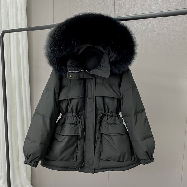 

women winter duck down jacket hooded big fur collarcoat korean womens down jackets parka, Black