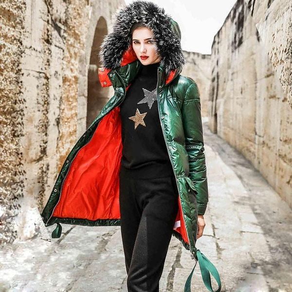 

hooded real raccoon fur green winter jacket women long sleeve slim white duck down parkas coat female zipper pockets outwear h591, Black
