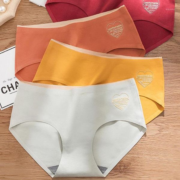 

women soft mid waist love heart print solid color cotton underwear briefs1, Black;pink