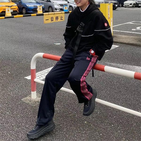 

needles pants sweatpants awge women joggers needles drawstring butterfly pink stripe casual men embroidery awge trousers pcsov, Black