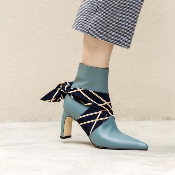 

boots 2021 elegant blue leather ankle detachable riband embellished lady pointed toe high heel autumn shoes women1, Black