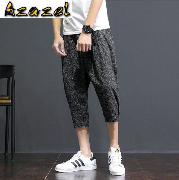 

summer loose thin cropped trousers men cotton and linen harem pants youth solid color fashion large size men's bound feet pants, Black